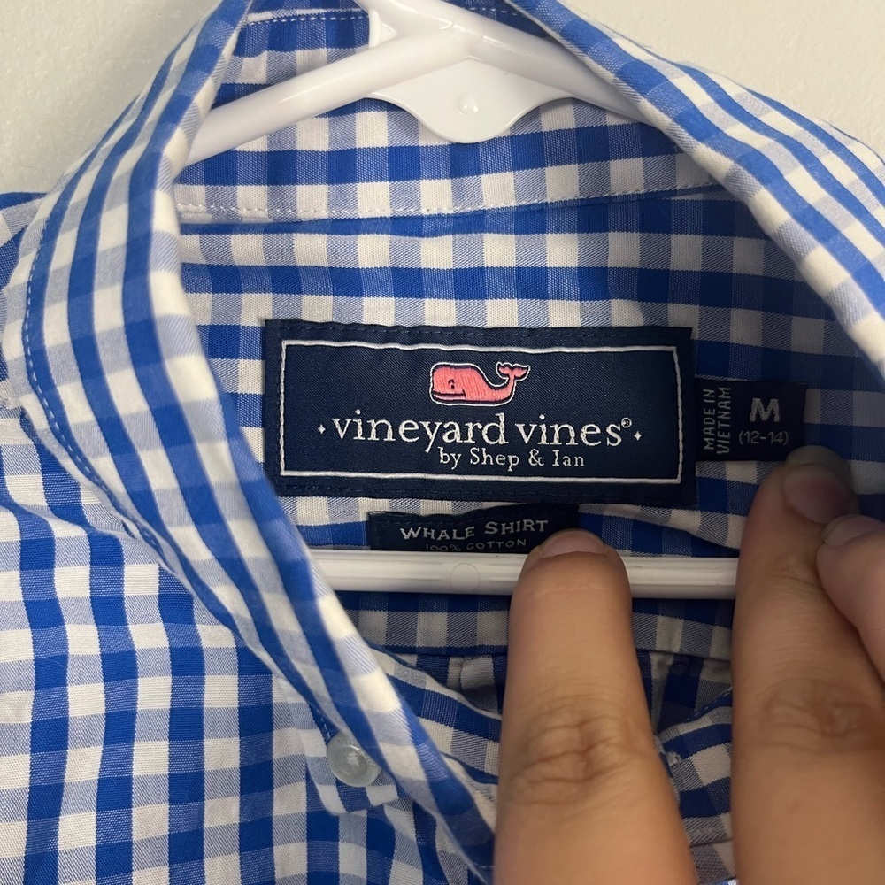 Vineyard vines boys whale shirt blue and white gingham button down size 12/14 - Picture 3 of 6